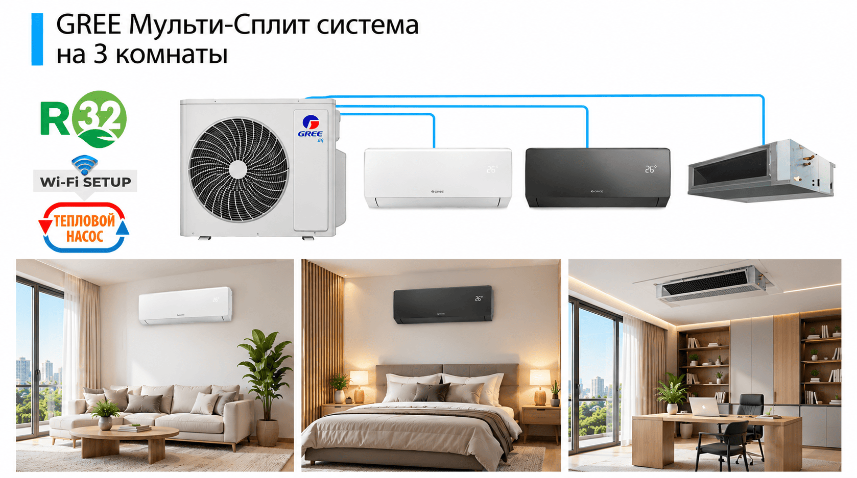 Мульти-сплит система GREE Free Match R32 на 3 комнаты